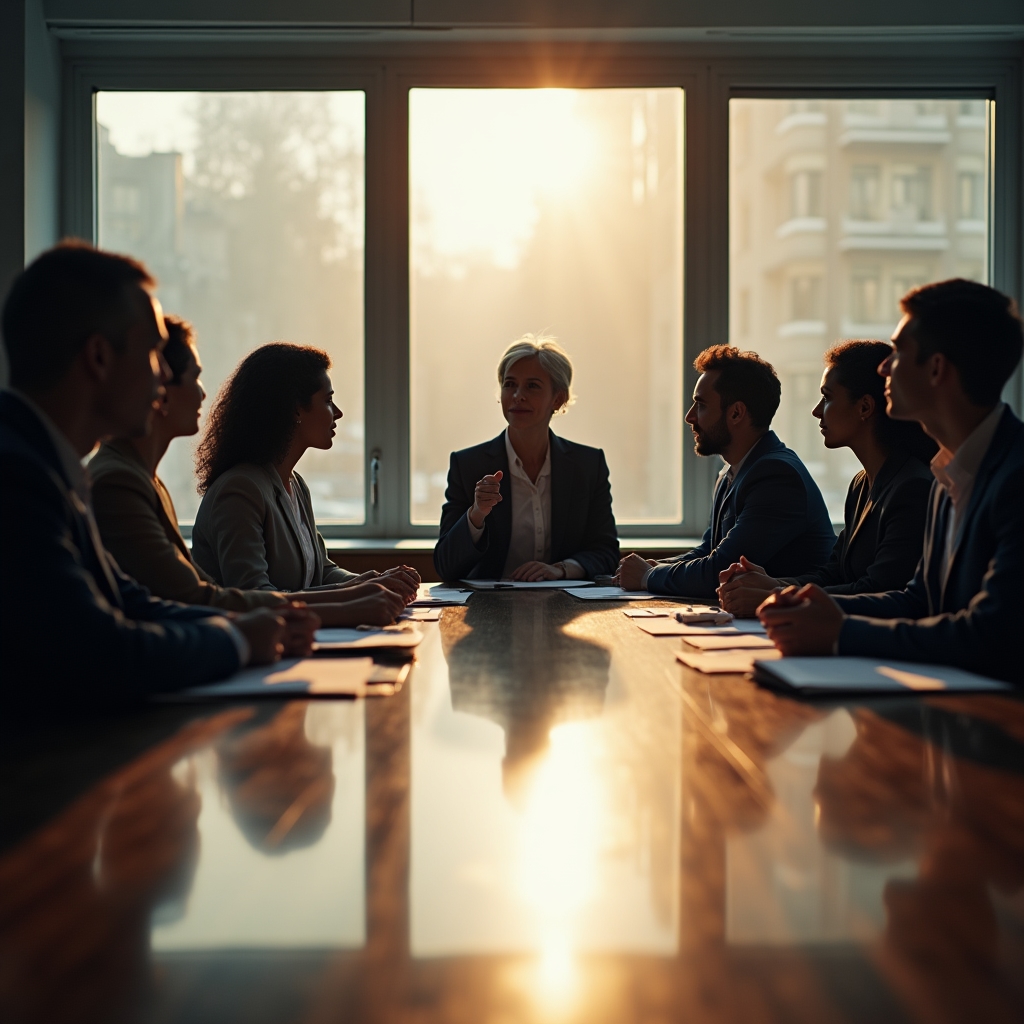 Grup de profesioniști într-o sală de consiliu, în momentul în care se ia o decizie importantă