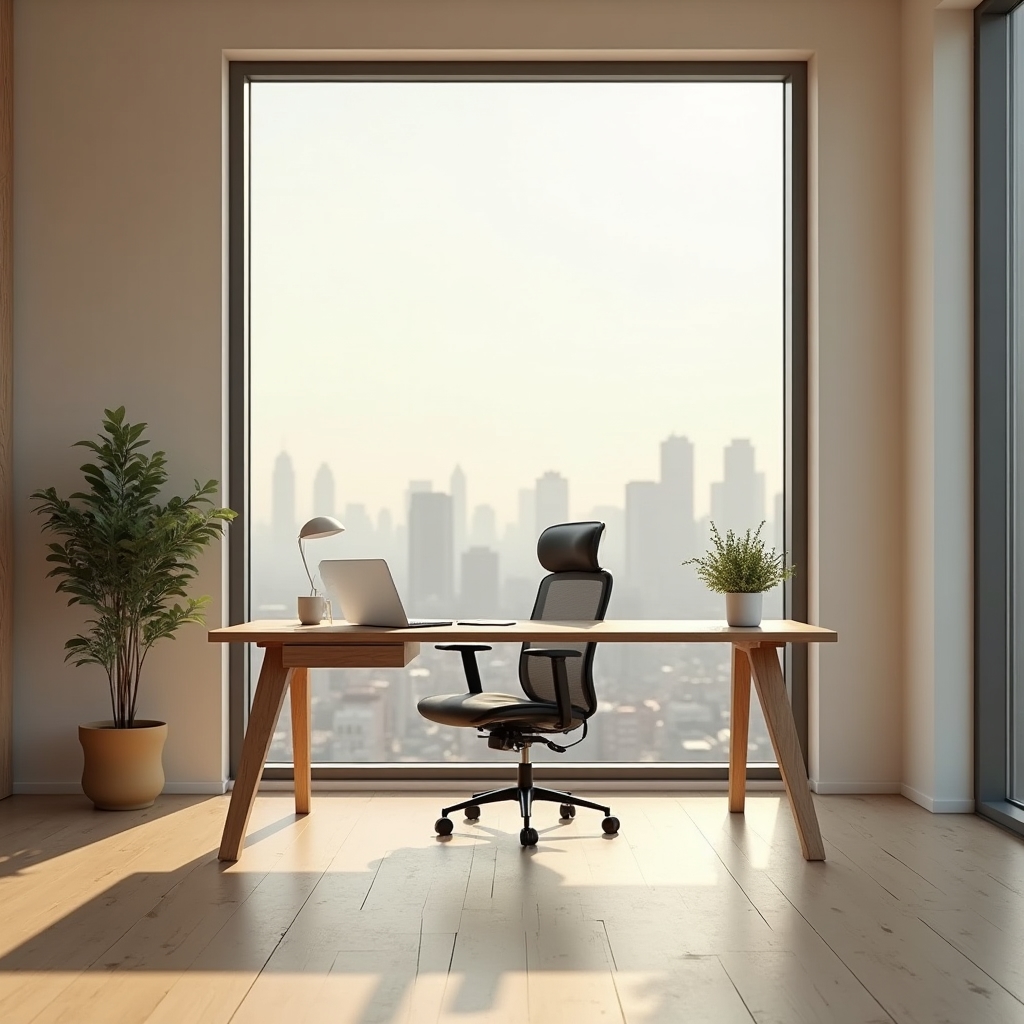 Spațiu de lucru cu birou minimalist, scaun ergonomic și fereastră mare cu vedere spre oraș